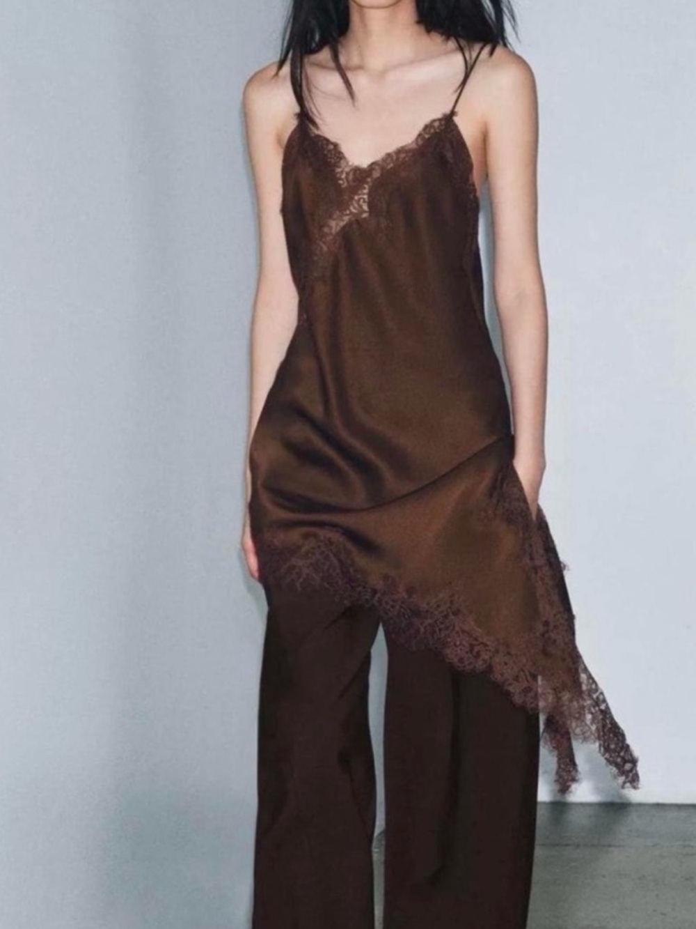 ZARA Satin Effect Chocolate Brown Lace Trim Asymmetric Slip Dress NWT - Picture 10 of 16